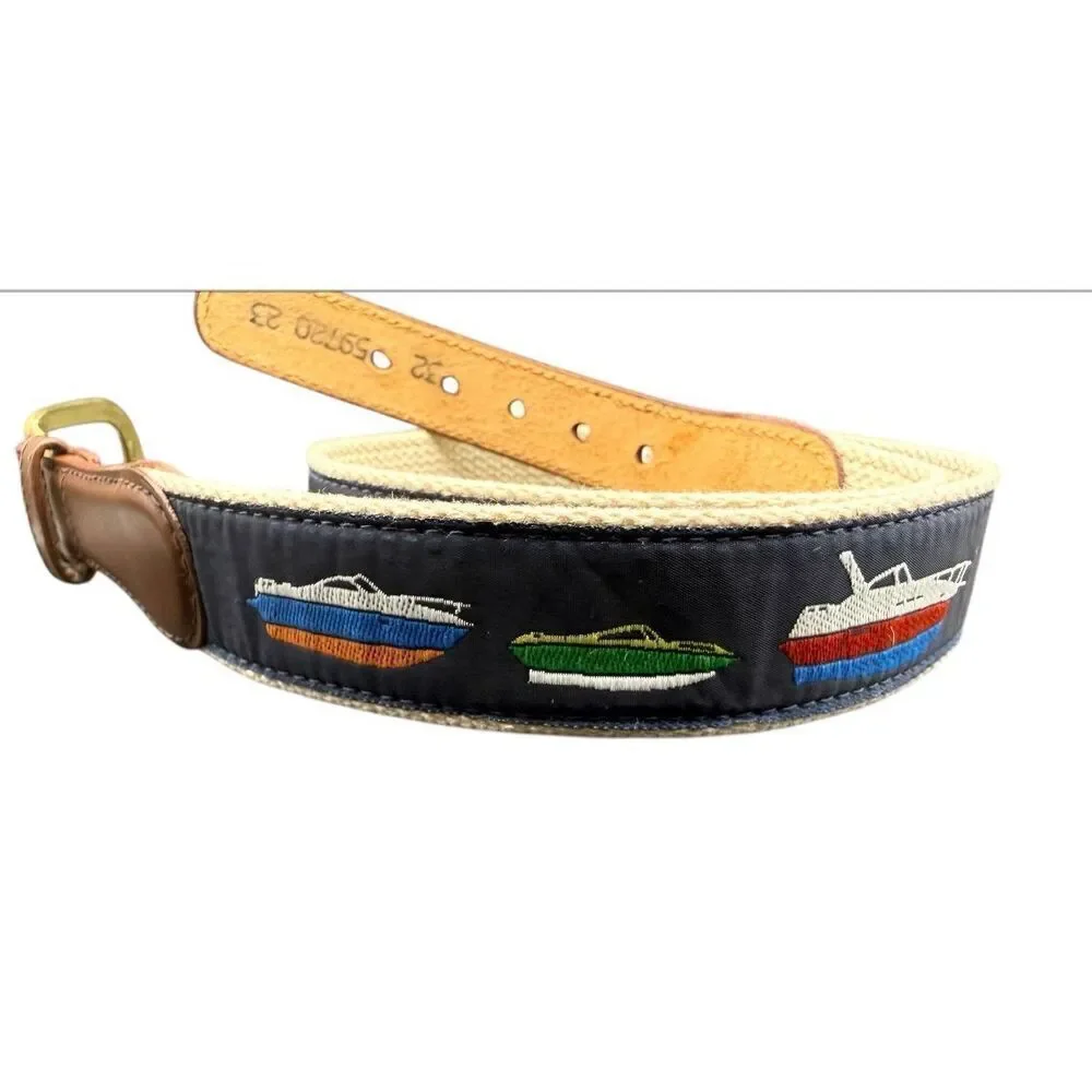 Canterbury Sz 32 Canvas Belt Blue Nautical Boats Leather Trim Solid Brass VTG